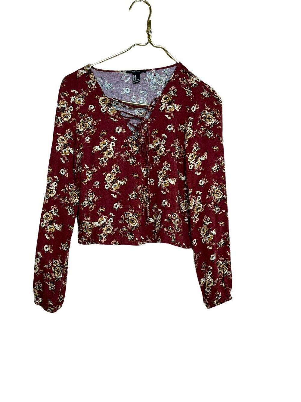 Forever 21 Burgundy Floral Lace-Up Crop Top Blouse Boho